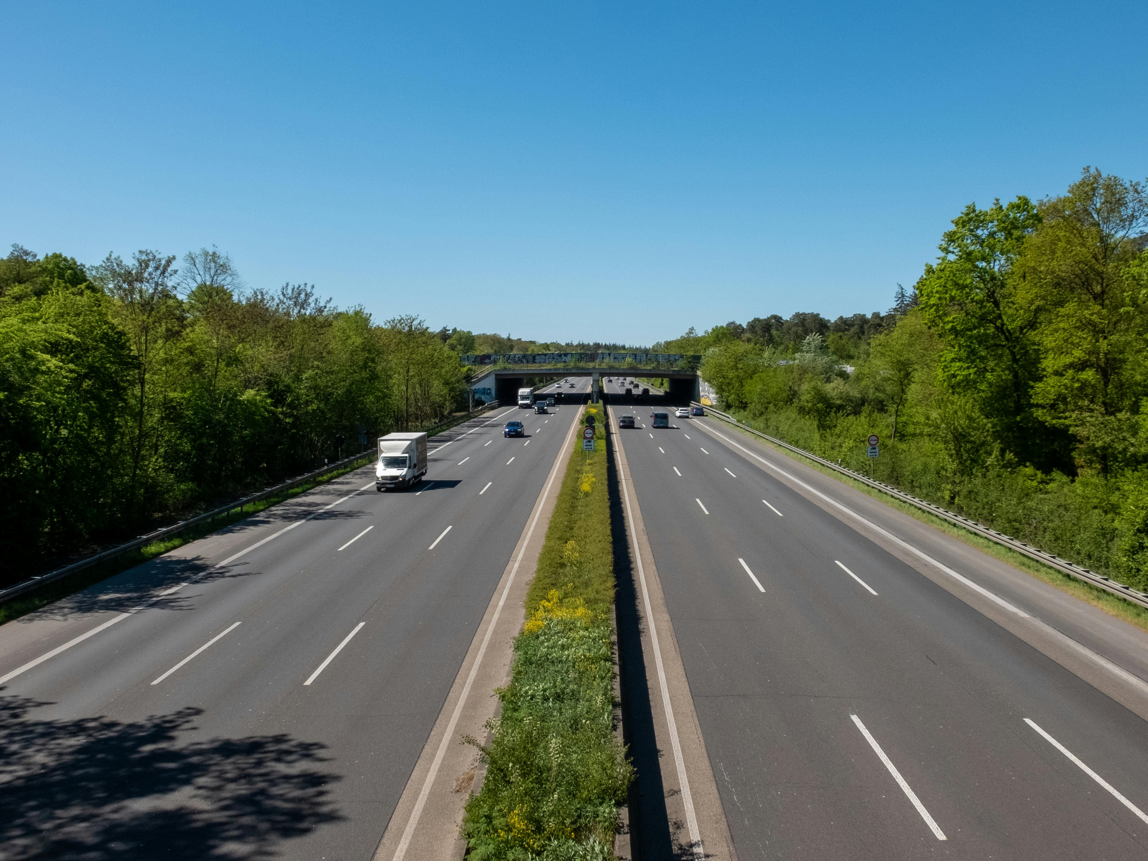 Highway traffic moving through a tree-lined transportation corridor